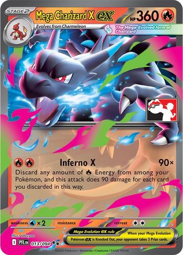 A photograph of a Pokémon card, Mega Charizard X ex, held up to the camera