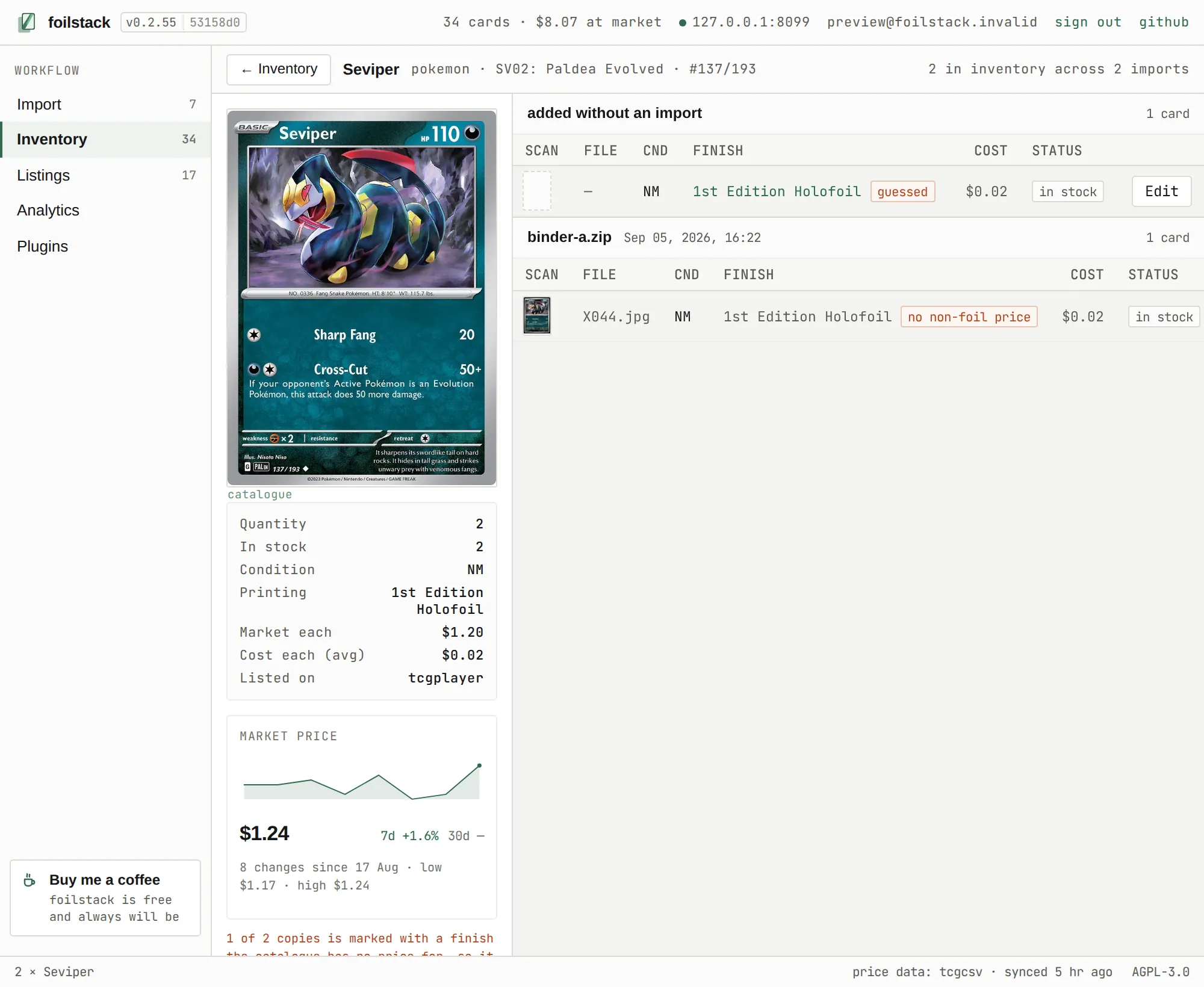 A single card's page: every copy held with its condition and what it cost, beside a chart of the card's market price over time.