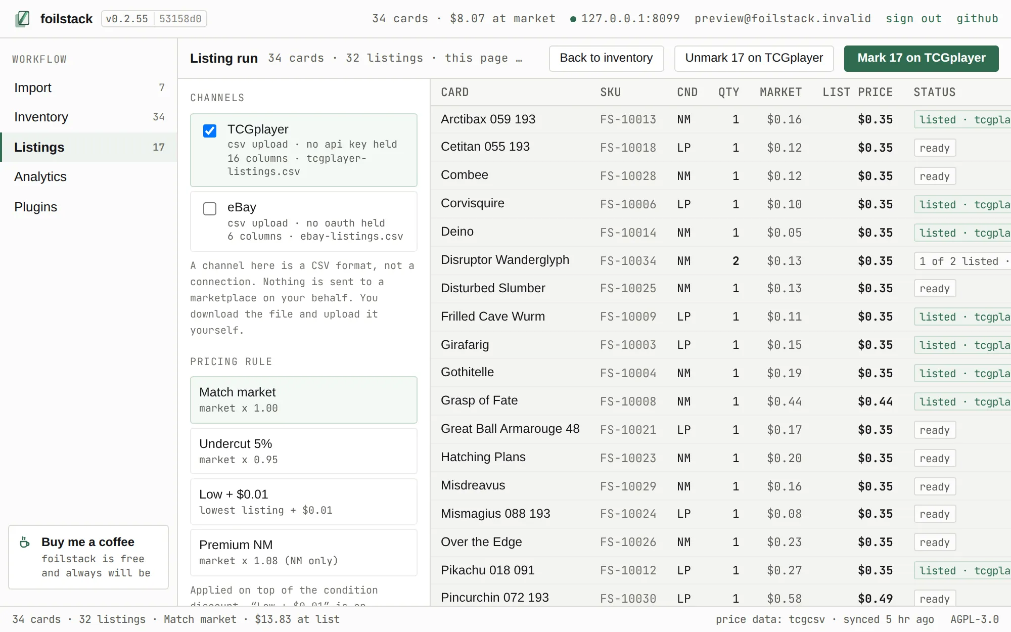 The listing screen: selected inventory rows with their asking prices, a channel picker, and a button that downloads the marketplace CSV.